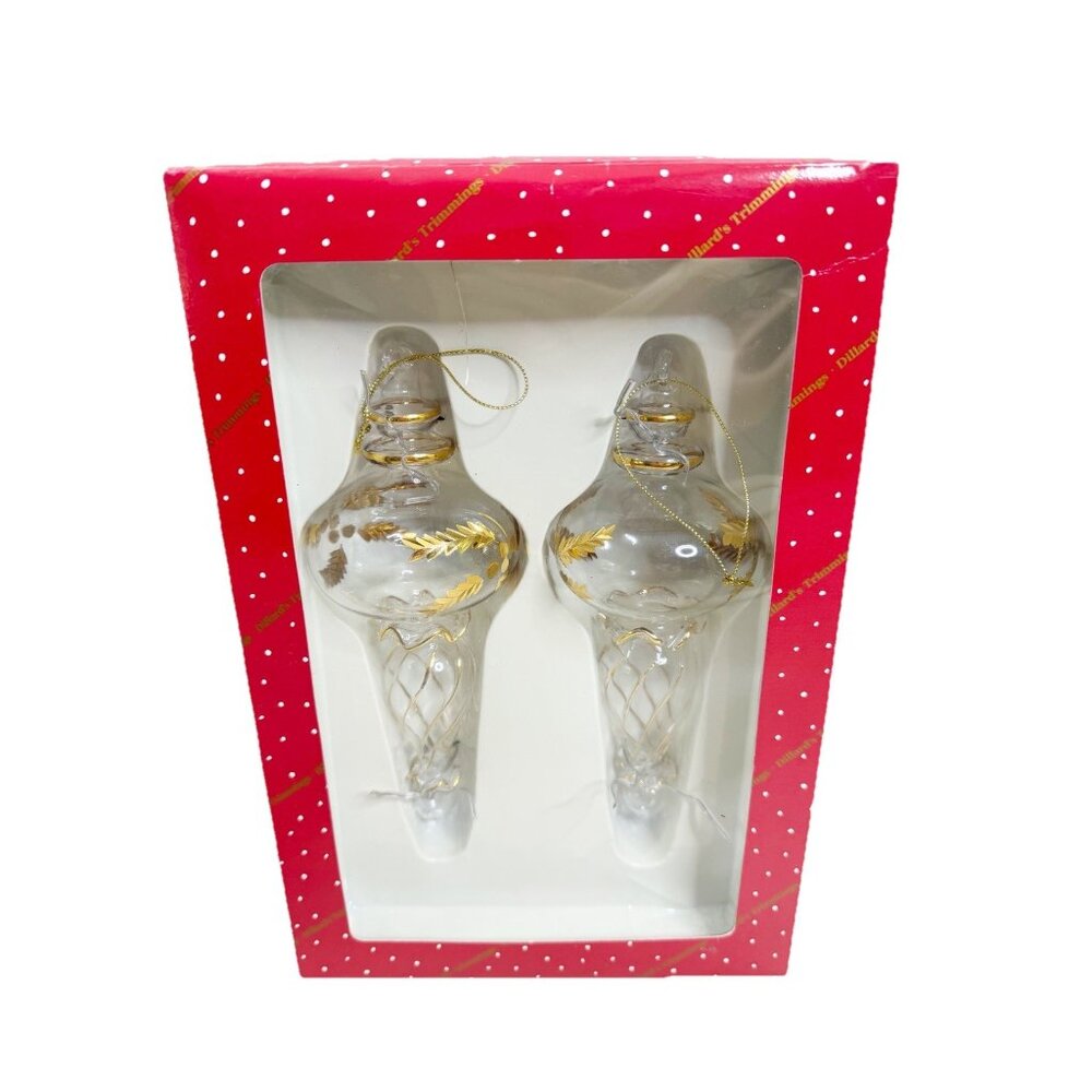Dillards Trimming 8.5" Long Clear Glass & Gold Large Tree Ornaments Boxed EUC
